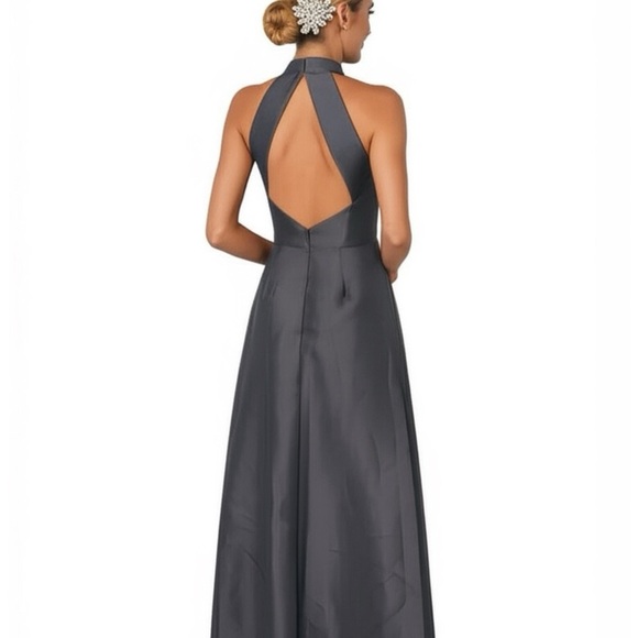 ALFRED SUNG Gown Halter Dress Caviar Gray Satin Twill Pockets Sz 8 NWT $248 D772 - Picture 1 of 13